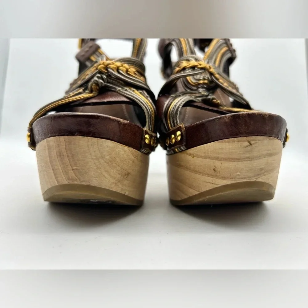 Miu Miu 36 Heel Sling Clog Wedge Platform Stud Brown Leather Wood Y2k boho tall